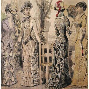 1881 The Garden Party Hand Colored Engraving Victorian Women's Fashion DWQQ21